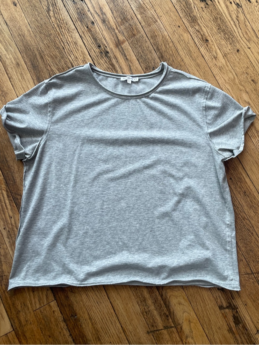 Gray tee with rolled sleeves, size large